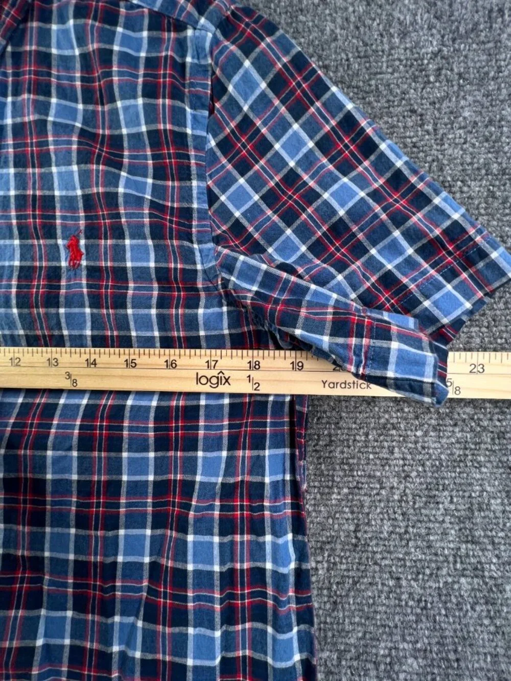 Ralph Lauren Boys Button Up Shirt Short Sleeve Blue Red Plaid XL 18-20 Cotton